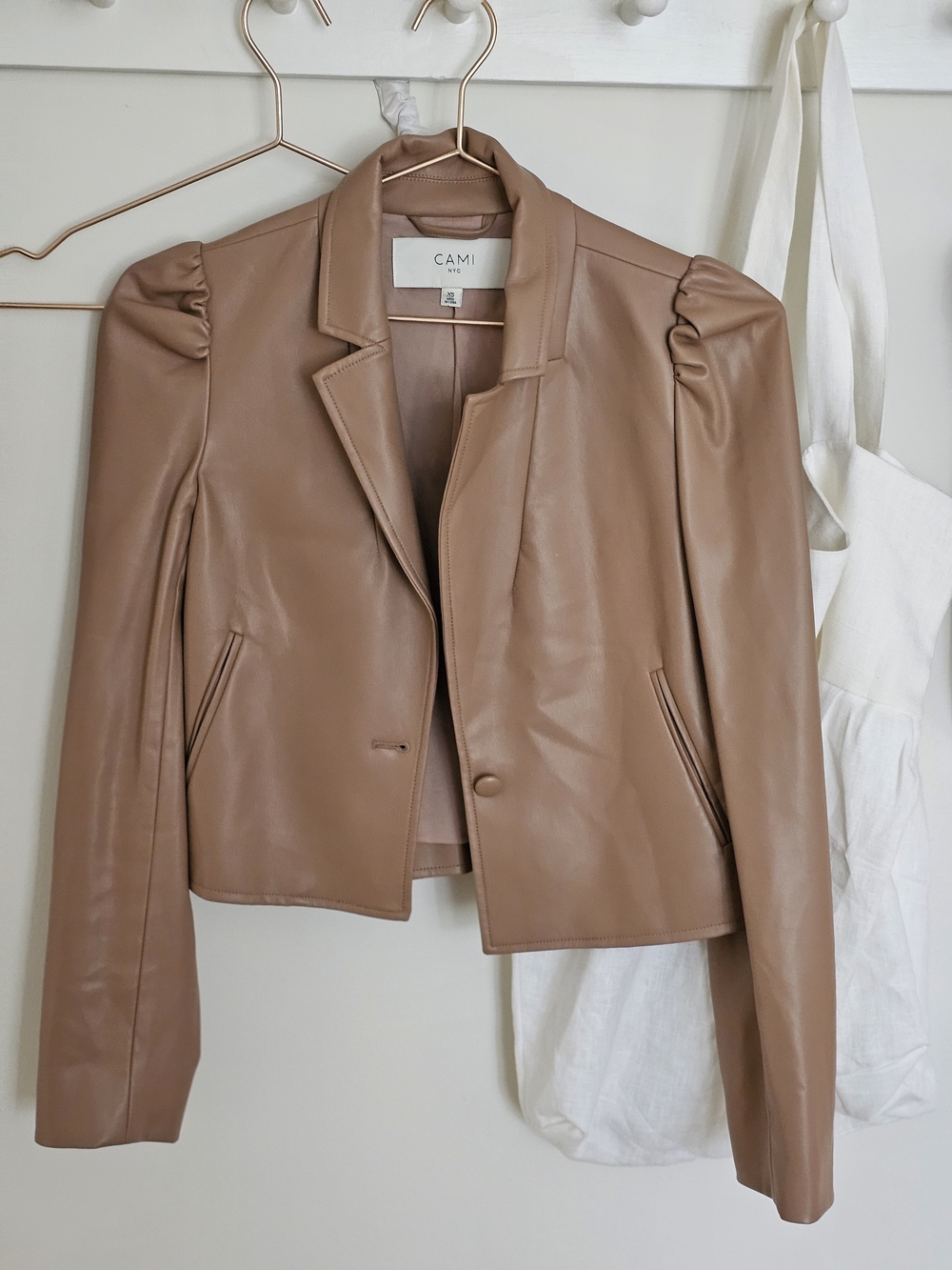 CAMI Tan Faux Leather Puff-Shoulder Blazer XS